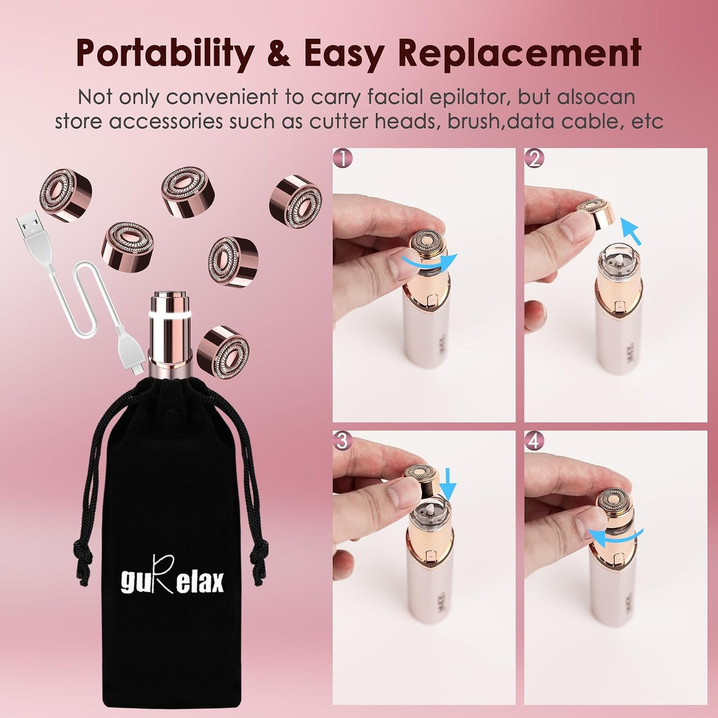 18K Gold Facial Hair Remover Replacement Heads Set – Precision Facial & Eyebrow Trimmer Blades for Smooth, Gentle Hair Removal
