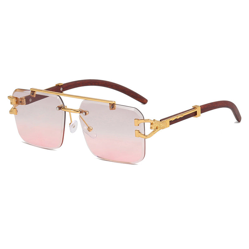 🌟Rimless Square Cut-Edge Sunglasses – Vintage Wood Grain Leopard Frame UV400 Fashion Shades-Navalonixcosh®