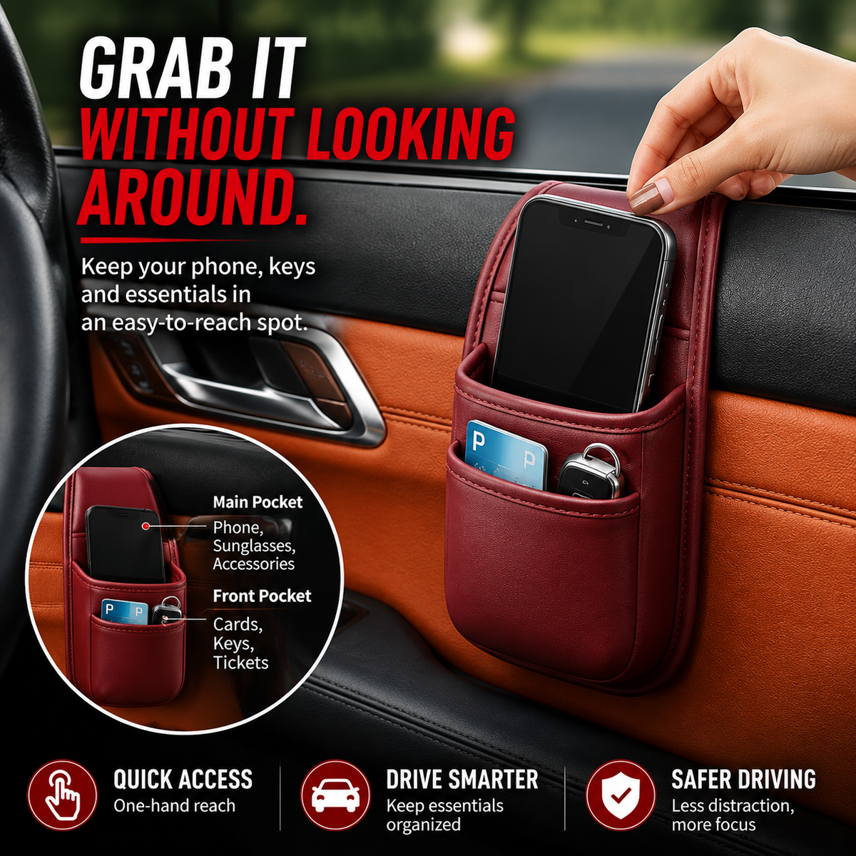 📱 Slim Car Phone Storage Pocket – Peel & Stick Faux Leather Organizer
