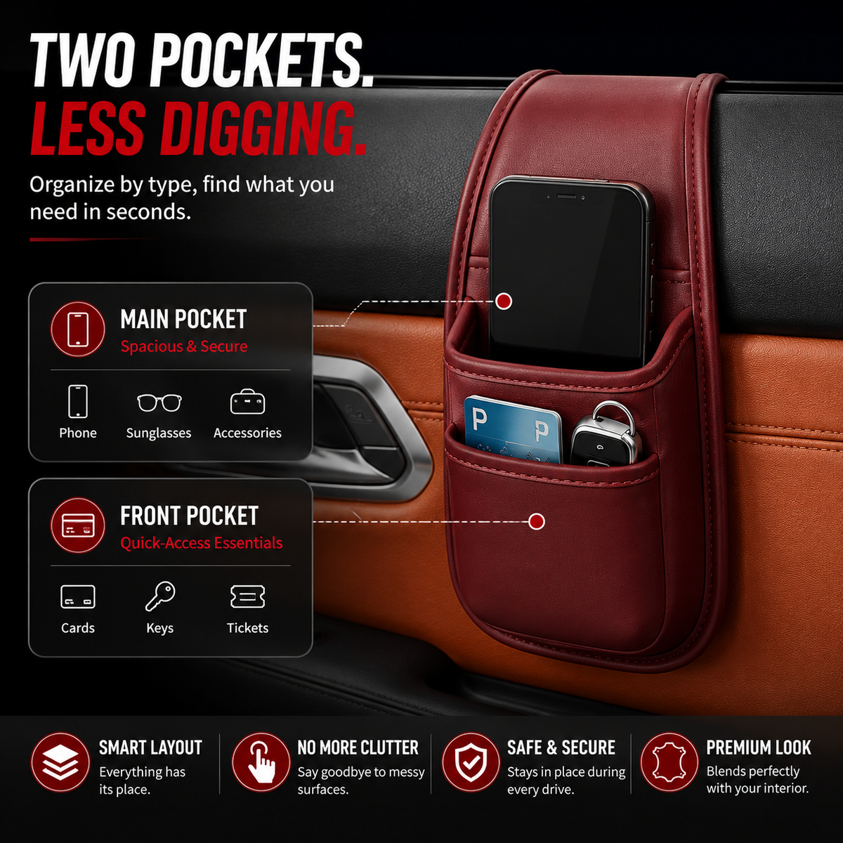 📱 Slim Car Phone Storage Pocket – Peel & Stick Faux Leather Organizer