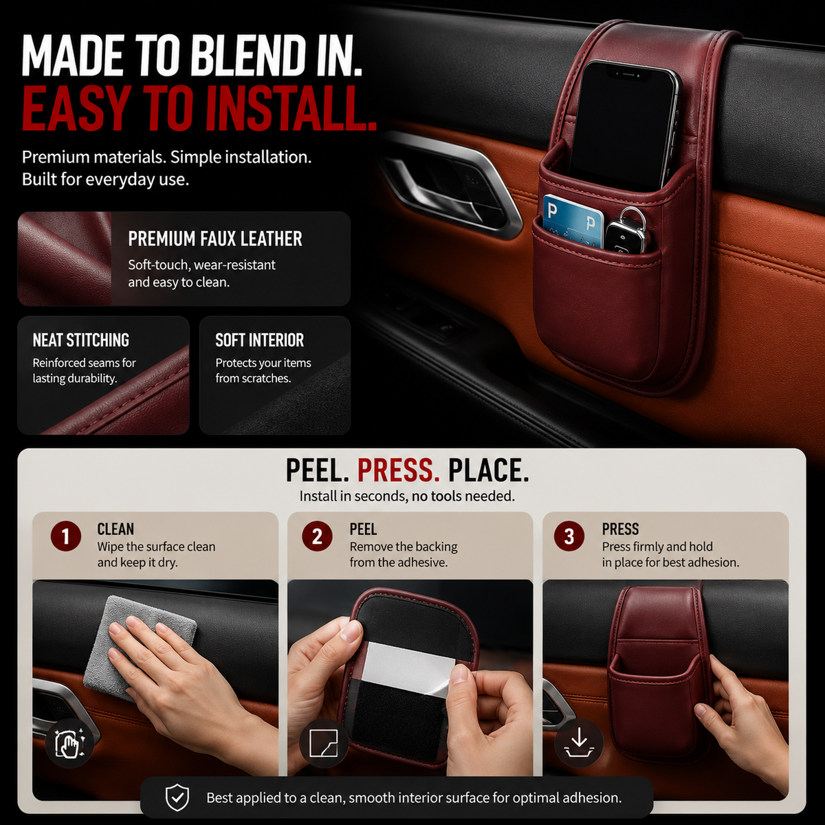 📱 Slim Car Phone Storage Pocket – Peel & Stick Faux Leather Organizer