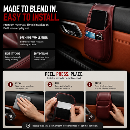 📱 Slim Car Phone Storage Pocket – Peel & Stick Faux Leather Organizer