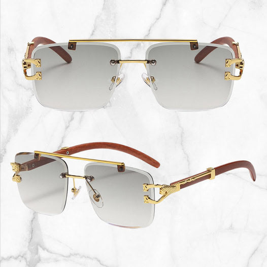 🌟Rimless Square Cut-Edge Sunglasses – Vintage Wood Grain Leopard Frame UV400 Fashion Shades-Navalonixcosh®