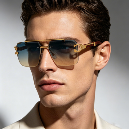 🌟Rimless Square Cut-Edge Sunglasses – Vintage Wood Grain Leopard Frame UV400 Fashion Shades-Navalonixcosh®