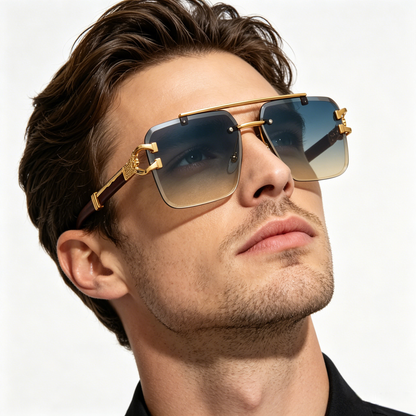 🌟Rimless Square Cut-Edge Sunglasses – Vintage Wood Grain Leopard Frame UV400 Fashion Shades-Navalonixcosh®