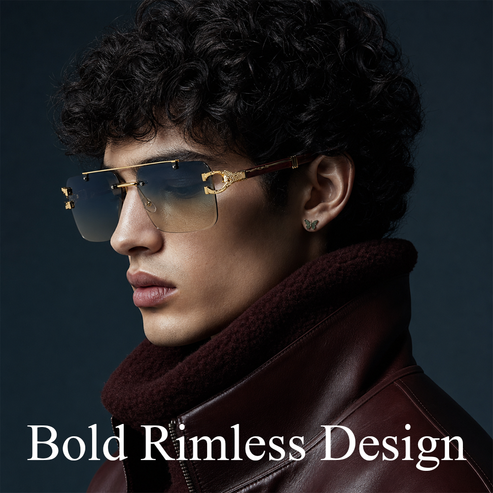 🌟Rimless Square Cut-Edge Sunglasses – Vintage Wood Grain Leopard Frame UV400 Fashion Shades-Navalonixcosh®