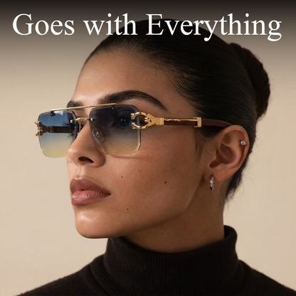 🌟Rimless Square Cut-Edge Sunglasses – Vintage Wood Grain Leopard Frame UV400 Fashion Shades-Navalonixcosh®