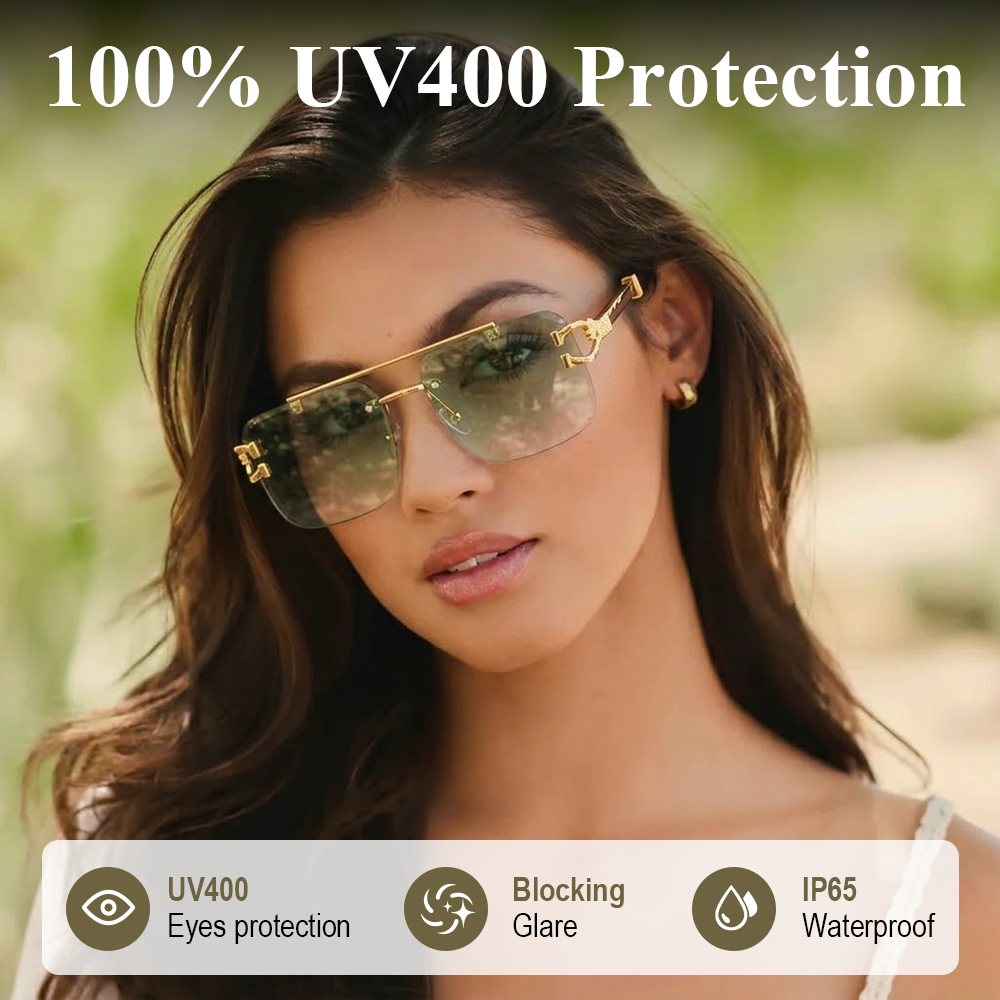 🌟Rimless Square Cut-Edge Sunglasses – Vintage Wood Grain Leopard Frame UV400 Fashion Shades-Navalonixcosh®
