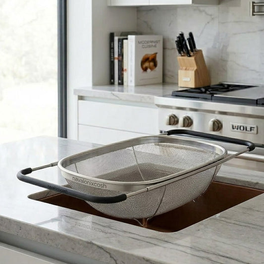 Navalonixcosh Over-the-Sink Stainless Steel Colander - Premium Extendable Mesh Strainer for Fruit, Vegetables & Pasta - Professional Grade Kitchen Essentials