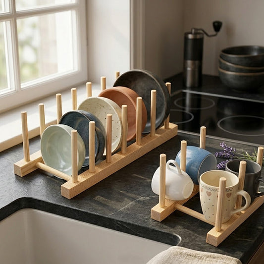 Navalonixcosh Premium Natural Wood Dish Rack - Stylish Vertical Plate & Cup Organizer - Eco-Friendly Kitchen Drainer for Plates, Bowls, and Mugs