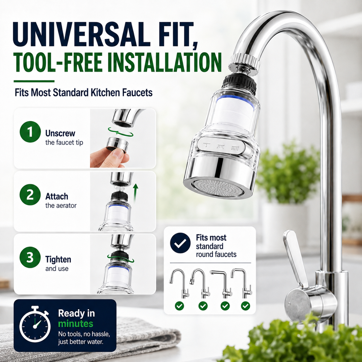 360° Rotating Faucet Aerator Filter, 6-Layer Filter with 3 Water Modes( Includes 10 Replacement Filters ）-Navalonixcosh®