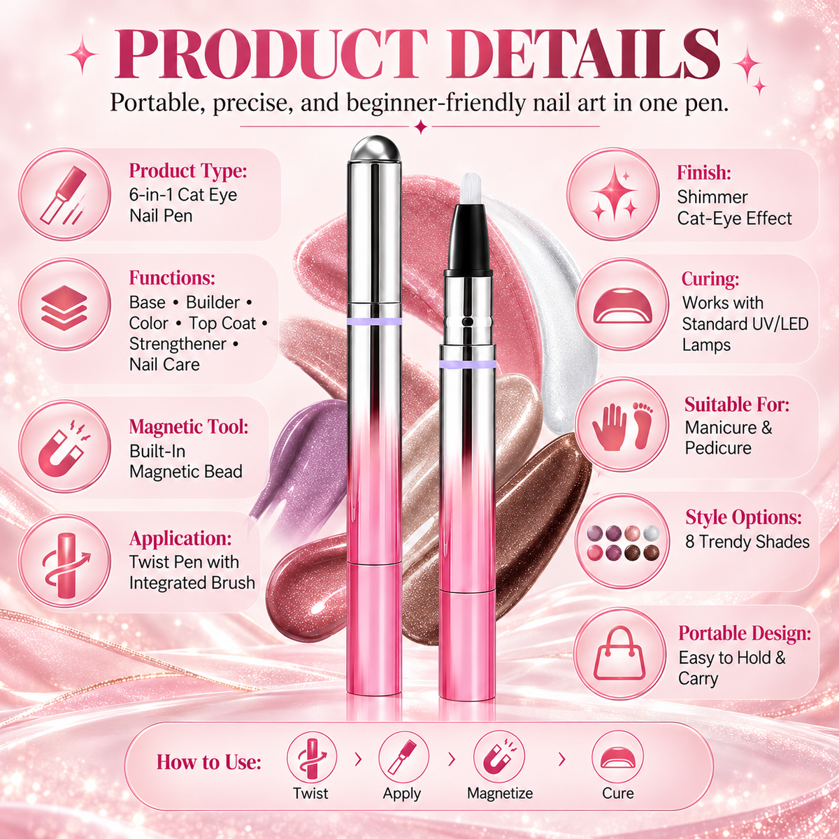 ✨6-in-1 Nail Care & Cat Eye Pen – All-in-One Base, Builder, Color & Top Coat with Magnetic Bead-Navalonixcosh®