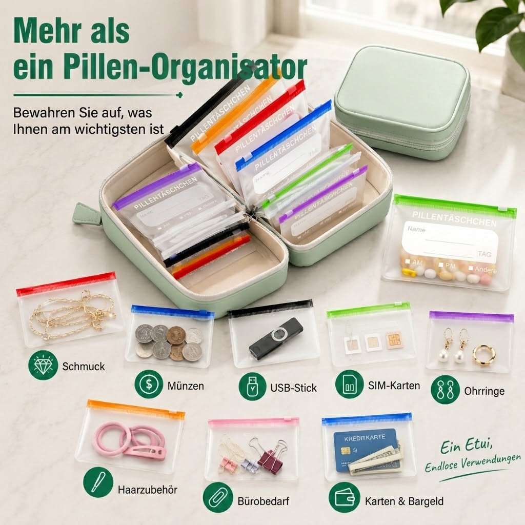 🎉 Sale 2026 🧳 A8 Wasserdichter Alltags-Organizer – 14 farbcodierte Beutel & stoßfeste Hülle für Medikamente, Schmuck & Zubehör! ✨