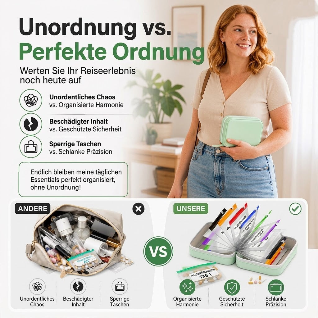 🎉 Sale 2026 🧳 A8 Wasserdichter Alltags-Organizer – 14 farbcodierte Beutel & stoßfeste Hülle für Medikamente, Schmuck & Zubehör! ✨