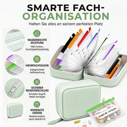 🎉 Sale 2026 🧳 A8 Wasserdichter Alltags-Organizer – 14 farbcodierte Beutel & stoßfeste Hülle für Medikamente, Schmuck & Zubehör! ✨