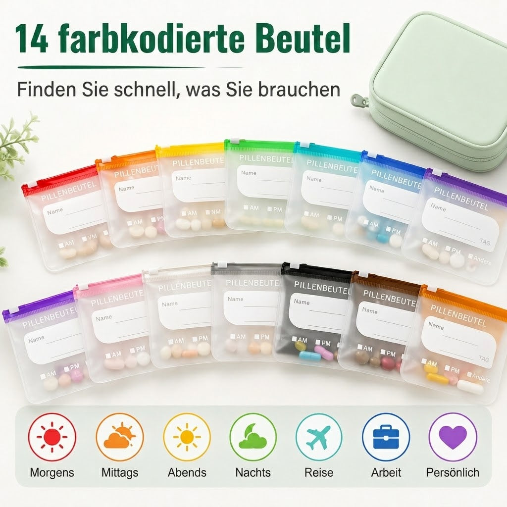 🎉 Sale 2026 🧳 A8 Wasserdichter Alltags-Organizer – 14 farbcodierte Beutel & stoßfeste Hülle für Medikamente, Schmuck & Zubehör! ✨