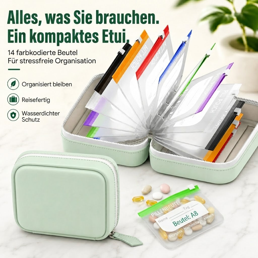 🎉 Sale 2026 🧳 A8 Wasserdichter Alltags-Organizer – 14 farbcodierte Beutel & stoßfeste Hülle für Medikamente, Schmuck & Zubehör! ✨