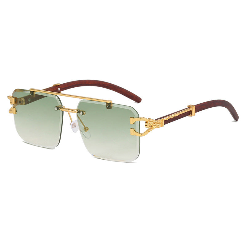 🌟Rimless Square Cut-Edge Sunglasses – Vintage Wood Grain Leopard Frame UV400 Fashion Shades-Navalonixcosh®