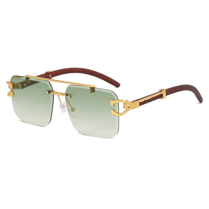 🌟Rimless Square Cut-Edge Sunglasses – Vintage Wood Grain Leopard Frame UV400 Fashion Shades-Navalonixcosh®