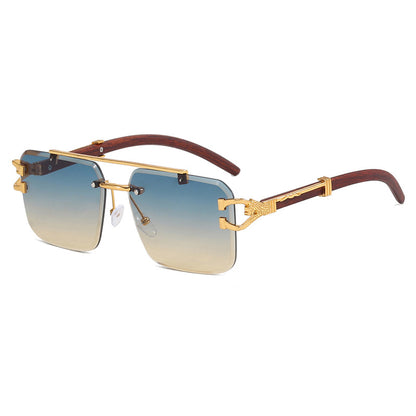 🌟Rimless Square Cut-Edge Sunglasses – Vintage Wood Grain Leopard Frame UV400 Fashion Shades-Navalonixcosh®
