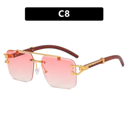 🌟Rimless Square Cut-Edge Sunglasses – Vintage Wood Grain Leopard Frame UV400 Fashion Shades-Navalonixcosh®
