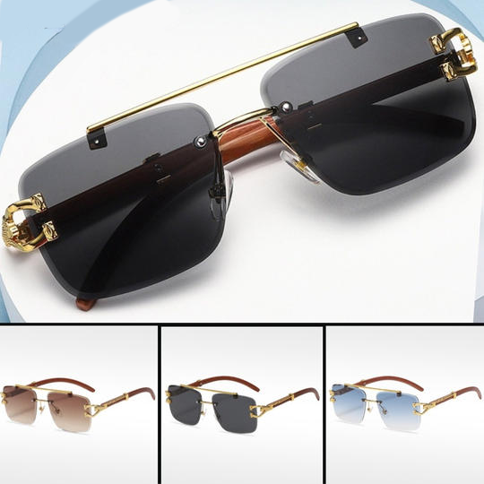 🌟Rimless Square Cut-Edge Sunglasses – Vintage Wood Grain Leopard Frame UV400 Fashion Shades-Navalonixcosh®