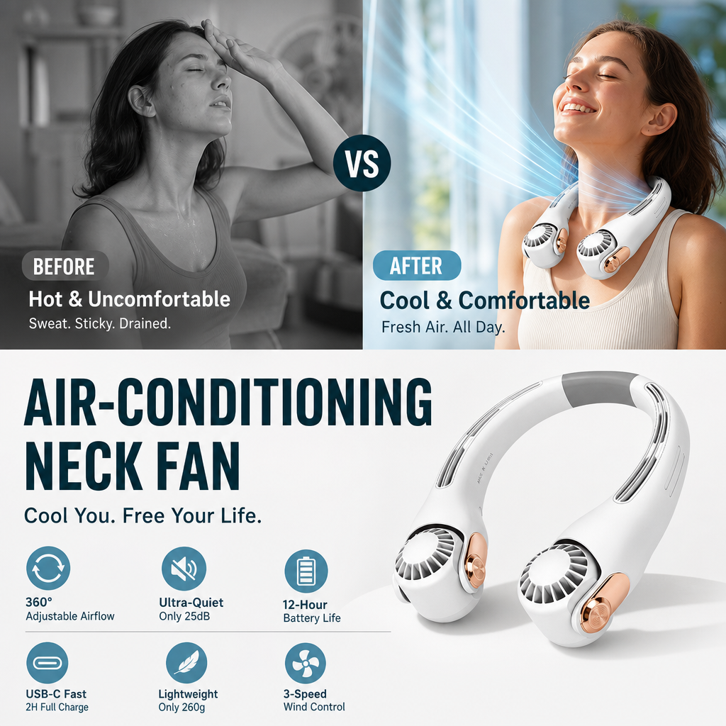 🥳2026 HOT SALE🥳💞50K+ SOLD!🍃 Neck Air Conditioner Fan – Ultra‑quiet, 360° rotating, 3 speeds. Hands‑free cooling, long battery. Summer essential! 😎🌬️-Navalonixcosh®