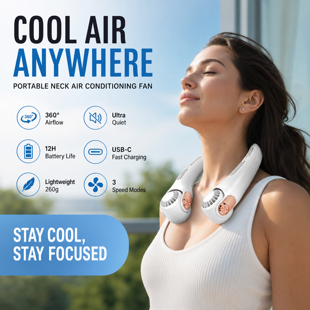 🥳2026 HOT SALE🥳💞50K+ SOLD!🍃 Neck Air Conditioner Fan – Ultra‑quiet, 360° rotating, 3 speeds. Hands‑free cooling, long battery. Summer essential! 😎🌬️-Navalonixcosh®