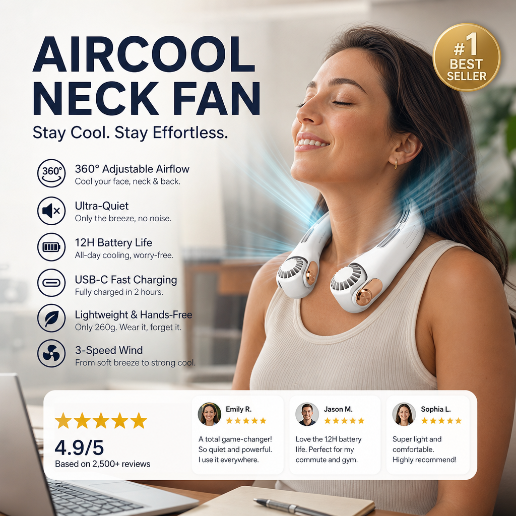 🥳2026 HOT SALE🥳💞50K+ SOLD!🍃 Neck Air Conditioner Fan – Ultra‑quiet, 360° rotating, 3 speeds. Hands‑free cooling, long battery. Summer essential! 😎🌬️-Navalonixcosh®