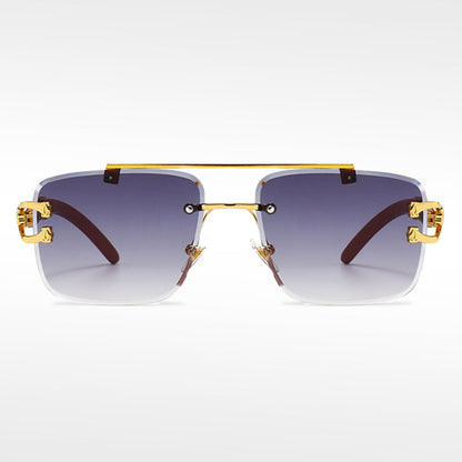 🌟Rimless Square Cut-Edge Sunglasses – Vintage Wood Grain Leopard Frame UV400 Fashion Shades-Navalonixcosh®