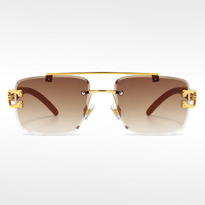 🌟Rimless Square Cut-Edge Sunglasses – Vintage Wood Grain Leopard Frame UV400 Fashion Shades-Navalonixcosh®