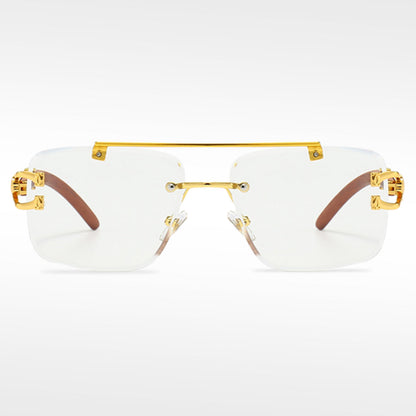 🌟Rimless Square Cut-Edge Sunglasses – Vintage Wood Grain Leopard Frame UV400 Fashion Shades-Navalonixcosh®