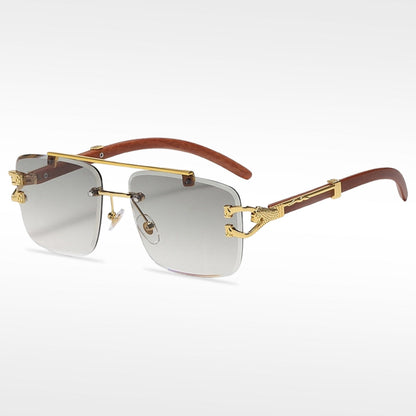 🌟Rimless Square Cut-Edge Sunglasses – Vintage Wood Grain Leopard Frame UV400 Fashion Shades-Navalonixcosh®
