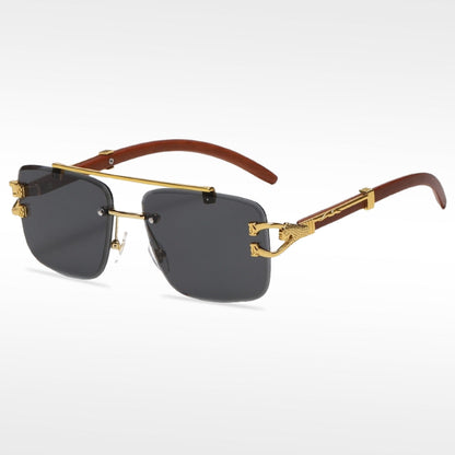 🌟Rimless Square Cut-Edge Sunglasses – Vintage Wood Grain Leopard Frame UV400 Fashion Shades-Navalonixcosh®