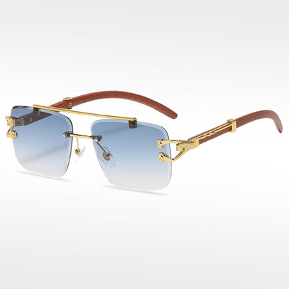 🌟Rimless Square Cut-Edge Sunglasses – Vintage Wood Grain Leopard Frame UV400 Fashion Shades-Navalonixcosh®