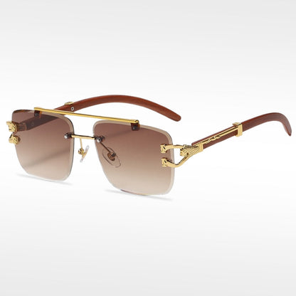 🌟Rimless Square Cut-Edge Sunglasses – Vintage Wood Grain Leopard Frame UV400 Fashion Shades-Navalonixcosh®