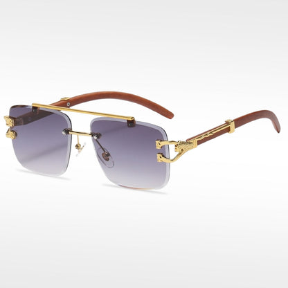 🌟Rimless Square Cut-Edge Sunglasses – Vintage Wood Grain Leopard Frame UV400 Fashion Shades-Navalonixcosh®