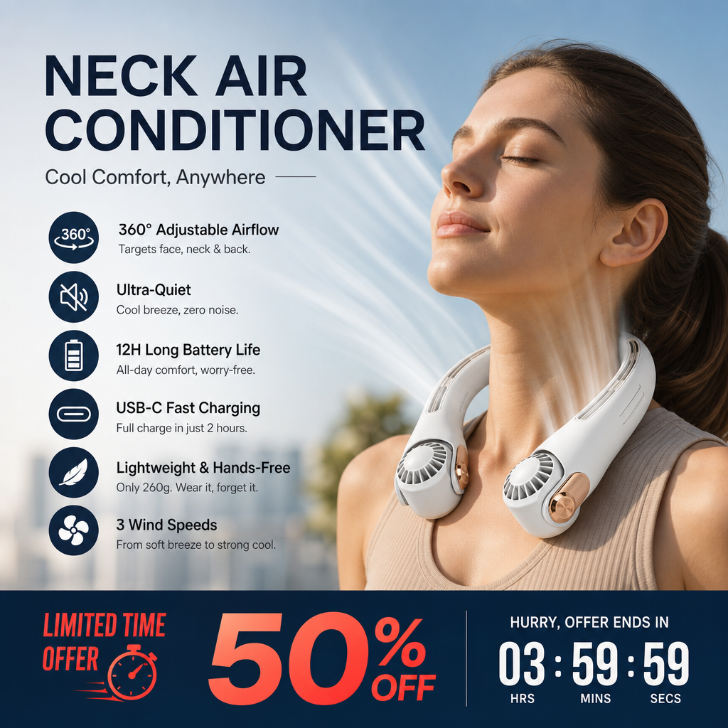 🥳2026 HOT SALE🥳💞50K+ SOLD!🍃 Neck Air Conditioner Fan – Ultra‑quiet, 360° rotating, 3 speeds. Hands‑free cooling, long battery. Summer essential! 😎🌬️-Navalonixcosh®